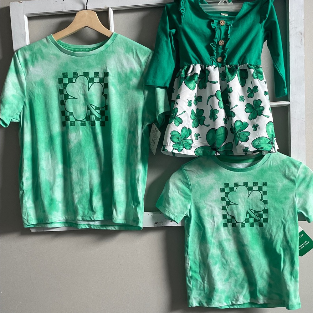 Kids Green Shamrock Lot-Tie-Dye Tee with Checker Graphic and dress